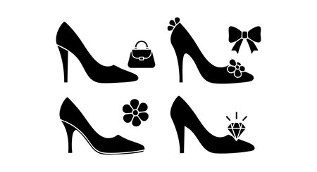 This vector graphic shows four stylish high heel shoes with decorative elements including flowers, a diamond, a bow, and a purse, perfect for fashion and accessory themes. Elegant.のイラスト素材