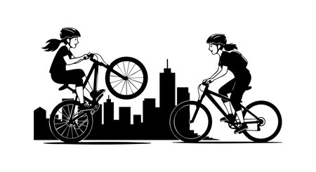 Two bicyclists ride bikes against a city skyline silhouette, capturing dynamic urban cycling activity and outdoor leisure in a minimalist black and white style. Energetic mood.のイラスト素材