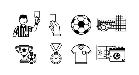 Vector icons show soccer referee issuing yellow card, football, goal net, trophy with ball, medal, jersey, and tactics board, representing sport and competition theme, clear and simple style. Energetic mood.のイラスト素材