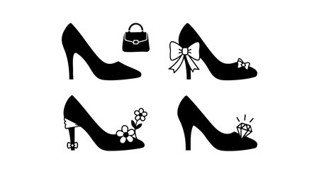 Black silhouette high heel shoes with different decorative accessories such as bows, flowers, and diamond rings displayed in a vector style. Simple elegant fashion theme, minimalistic mood.のイラスト素材