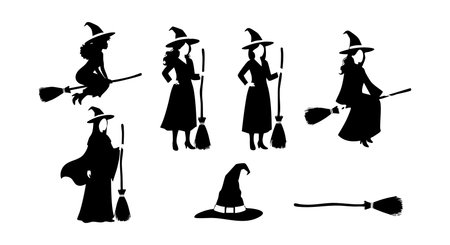 Set of black witch silhouettes wearing pointed hats and holding broomsticks in different stances, perfect for Halloween and mystical designs. Simple and spooky mood.のイラスト素材