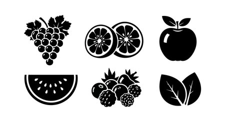 This vector features black silhouette icons of grapes, orange slices, apple, watermelon, berries, and leaves. The minimalist design highlights natural fruit shapes in a clear layout. Clean and simple.のイラスト素材
