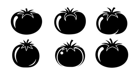 This vector set features six black silhouette icons of tomatoes, showing simple vegetable shapes ideal for design and illustration projects with a clean minimalist style. Calm and clear.のイラスト素材