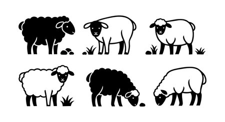This vector features black and white sheep in various standing and grazing poses on grass, illustrating natural farm animals in a simple style. Calm and rustic mood.のイラスト素材