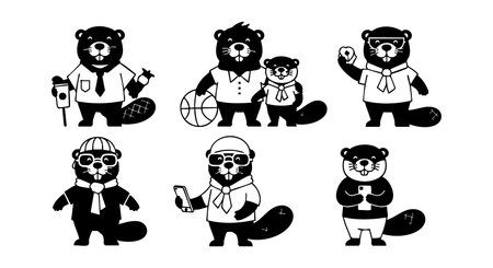 This vector shows cartoon beaver characters dressed in professional, casual, and sporty outfits, holding accessories like coffee, basketball, and phone, creating a playful and lively mood.のイラスト素材
