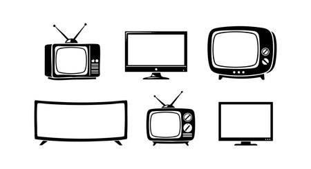 This vector features six black and white television sets including vintage and modern styles, showcasing evolution in screen designs with minimalist line art, ideal for technology themes, classic mood.のイラスト素材