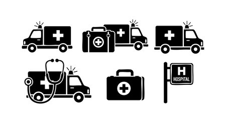 This vector features black emergency ambulance trucks, medical kits, a stethoscope, and a hospital sign, symbolizing healthcare and urgent medical services. The style is simple and clear, professional.のイラスト素材