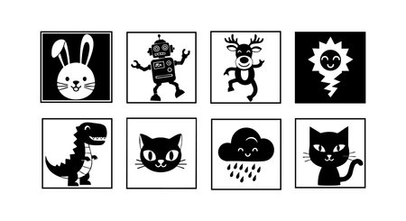 This vector set features black and white icons including a bunny, robot, reindeer, sun, dinosaur, cat, cloud, and black cat in silhouette style, offering playful and minimalist design. Cheerful.のイラスト素材