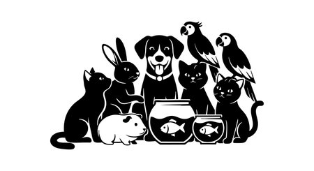 This vector illustration shows various pets including cats, dogs, rabbits, birds, and fish in aquariums. The image is simple and monochrome with a clear silhouette style, calm mood.のイラスト素材