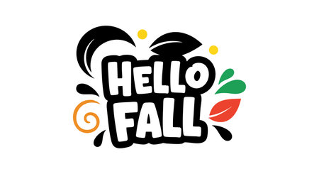This vector features Hello Fall text with colorful autumn leaves and decorative shapes, capturing the essence of the fall season in a cheerful and festive style. Warm and inviting mood.のイラスト素材