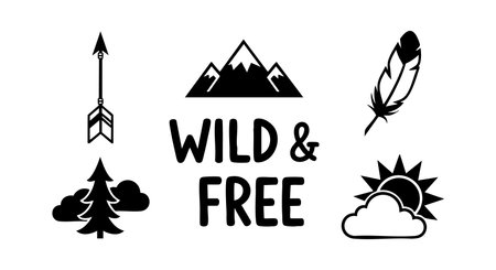 Vector design featuring mountains, trees, arrow, feather, sun, and clouds elements symbolizing wild and free outdoor adventure and exploration themes. Creative and inspiring.のイラスト素材