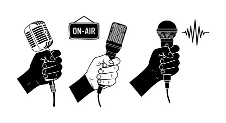 Three different hands hold various microphones used in broadcasting and podcast recording, including on-air sign and sound wave icon, creating a dynamic communication scene. Energetic mood.のイラスト素材