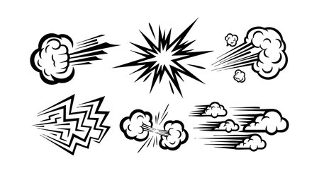 This vector features black and white cartoon explosion and wind effects icons with sharp lines and dynamic motion, perfect for comic or graphic design projects, energetic mood.のイラスト素材