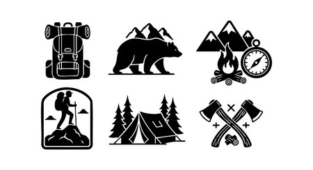 Black and white outdoor camping and hiking vector icons featuring backpack, bear with mountains, campfire with compass, hiker, tent among trees, and crossed axes. Adventurous mood.のイラスト素材