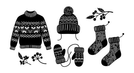 Vector shows winter clothing including a patterned sweater, hat with pompom, mittens, and socks alongside berry branches in monochrome style. Cozy and festive mood.のイラスト素材