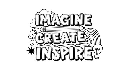 This vector artwork features the words Imagine, Create, Inspire with creative elements like a pencil, rainbow, light bulb, and star in black and white, conveying motivation and creativity. Optimistic mood.のイラスト素材