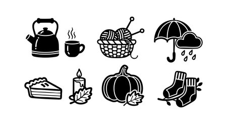 This vector features autumn-themed icons such as a kettle, steaming cup, yarn basket, umbrella with raindrops, slice of pie, lit candle, pumpkin, and cozy socks in black silhouette style. Cozy and seasonal.のイラスト素材