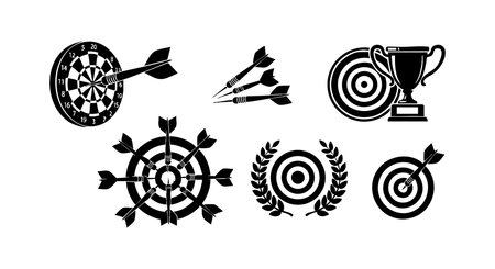 This vector graphic set features black silhouette dartboard targets with arrows and a trophy symbol, representing precision and achievement in a clean, minimalist style. Motivational and sharp.のイラスト素材