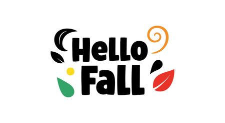 This vector features a playful Hello Fall text surrounded by colorful autumn leaves and swirls, capturing the essence of the fall season with vibrant and cheerful vibes.のイラスト素材
