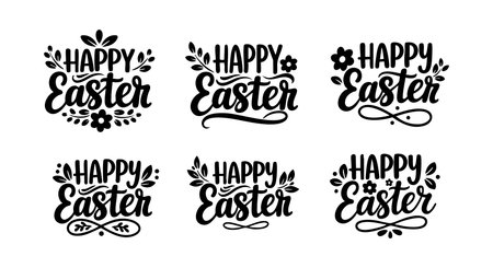 This vector set features six different Happy Easter calligraphy designs adorned with flowers and leaves, perfect for spring and festive holiday decorations. Cheerful mood.のイラスト素材