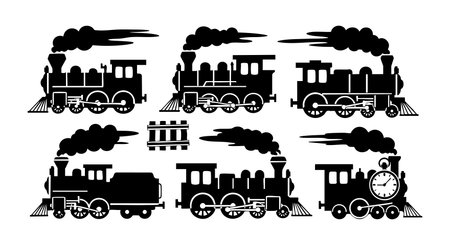 This vector file features vintage steam locomotive silhouettes with classic train engines and smoke plumes in black, showingcasing retro transportation technology in a minimalist style. Timeless and nostalgic.のイラスト素材