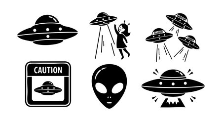 This vector image displays black silhouette UFOs abducting a human and an alien head alongside a...