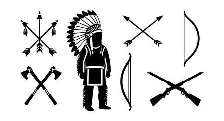 This vector illustration presents a Native American warrior silhouette surrounded by traditional weapons like bows, arrows, tomahawks, and a rifle, evoking historic cultural elements with a bold black style. Strong mood.のイラスト素材