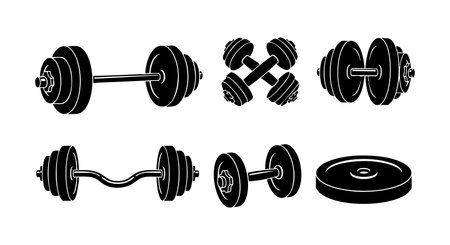 This vector image shows various black dumbbells and barbells used in fitness and strength training. The simple silhouettes emphasize workout equipment in a clean style. Energetic mood.のイラスト素材