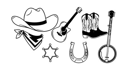 Vector illustration shows classic western country music items including cowboy hat, bandana, guitar, sheriff badge, horseshoe, boots, and banjo in black and white style. Rustic mood.のイラスト素材