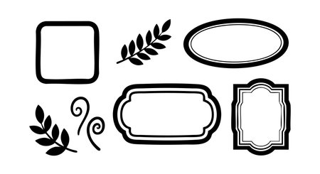 This vector features five black vintage frames combined with elegant floral and swirl accents, ideal for decorative and design purposes. The style is classic and artistic.のイラスト素材