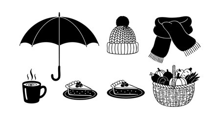 This vector set features winter essentials including an umbrella, hot drink, pie slices, knit hat, scarf, and a basket of produce, conveying seasonal coziness and warmth. Cheerful mood.のイラスト素材