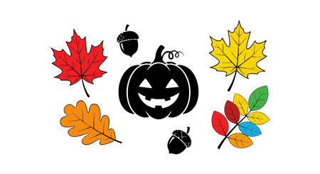 This vector illustration features a black Halloween pumpkin surrounded by vibrant red, yellow, orange, and multicolored autumn leaves and acorns, evoking a cheerful seasonal mood.のイラスト素材