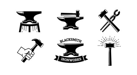 This vector collection features blacksmith tools including anvils, hammers, and tongs in bold black silhouettes, emphasizing craftsmanship and metalworking art with sharp, clean lines. Artistic and strong.のイラスト素材