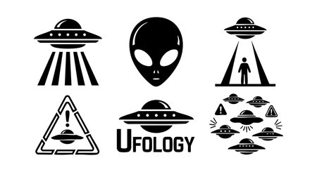 This vector features black UFO icons including alien head, spaceship beams, abduction scene, warning sign, and fleet formation, presenting a mysterious and sci-fi mood.のイラスト素材