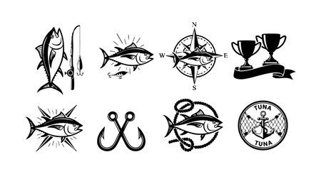 Vector artwork shows various tuna fish, fishing hooks, compass, and trophies in black vintage style. Nautical and competitive fishing themes create dynamic and adventurous mood.のイラスト素材