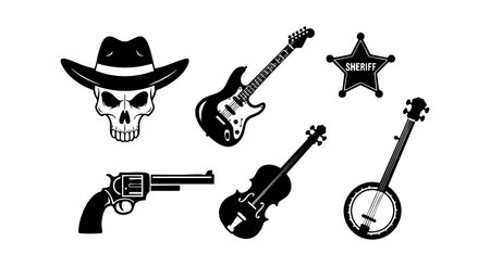 The vector features a cowboy skull wearing a hat, a sheriff badge, a revolver, an electric guitar, a violin, and a banjo, all in black and white silhouette style, evoking western themes and music. Bold and iconic.のイラスト素材
