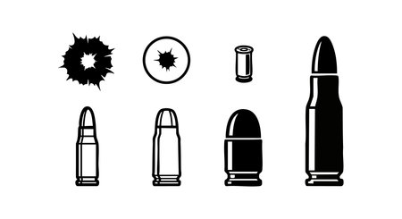 Illustration shows bullet holes and four bullet types in black silhouette style, displayed with sharp edges and clear outlines, representing ammunition components in a simple design. Precise and minimalistic artwork.のイラスト素材