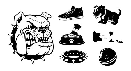 Illustration features a fierce bulldog head, sneaker, dog food bowl, spiked collar, ball, and playful puppy in black and white vector style. Bold and dynamic mood.のイラスト素材