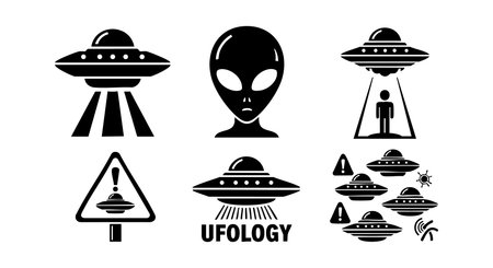 This vector set displays black and white alien spaceship designs, a classic extraterrestrial head, a human abduction scene, warning signs, and ufology themes, styled in a bold silhouette for sci-fi enthusiasts. Mysterious mood.のイラスト素材