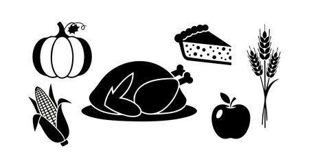 Set of Thanksgiving dinner food icons including turkey, pumpkin, pie, corn, apple, and wheat in black silhouette style. Simple and festive mood.のイラスト素材