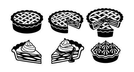 This vector set shows classic pie silhouettes with lattice tops and whipped cream toppings in bold black style, ideal for baking and dessert design projects. Crisp and elegant.のイラスト素材
