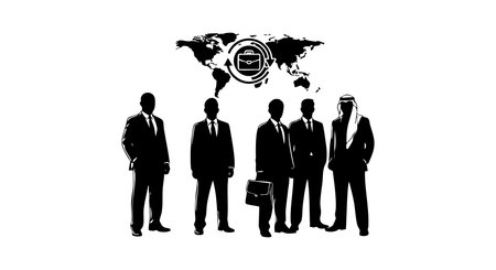This vector shows businessmen silhouettes in suits with briefcases under a world map and network icon, representing global business and corporate teamwork, professional and confident mood.のイラスト素材