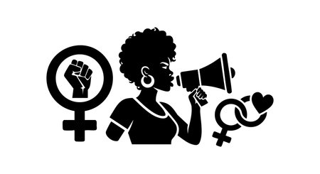 Silhouette of a woman with afro hairstyle and hoop earrings speaking into a megaphone surrounded by female gender and heart icons representing feminism and empowerment, bold mood.のイラスト素材