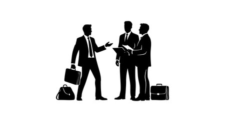 Three businessmen in formal suits communicate actively, holding documents and briefcases, demonstrating teamwork and professional collaboration in a corporate setting. Dynamic and focused mood.のイラスト素材