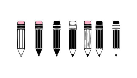 This vector features a collection of pencil drawings with black outlines and pink erasers, displaying various sharpened and worn tips in a simple sketch style, minimalist and artistic mood.のイラスト素材