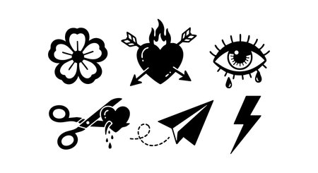 This vector set features black icons including a flower, heart with arrows, eye with tears, scissors cutting a heart, paper plane, and lightning bolt, ideal for creative and symbolic designs. Calm mood.のイラスト素材