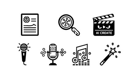This vector features icons representing AI technology, microphone, music notes, magic wand, and clapperboard with a modern minimal style. Suitable for creative and digital projects, inspiring innovation and imagination. Energetic mood.のイラスト素材