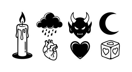 This vector image features Halloween icons including a melting candle, rainy cloud, devil face, crescent moon, heart, and dice. The design is bold and spooky. Mysterious mood.のイラスト素材