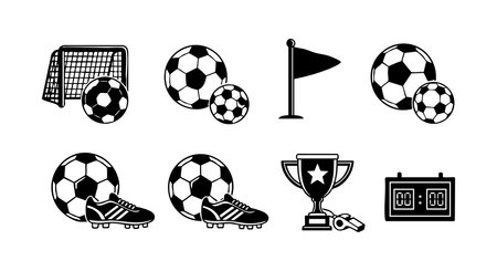 Vector set of soccer icons featuring ball, goal net, cleats, flag, trophy, and scoreboard in simple black design, suitable for sports projects and dynamic themes. Energetic mood.のイラスト素材