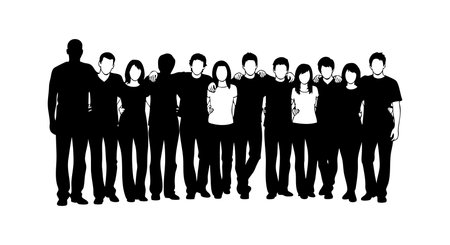 Silhouettes of diverse people standing side by side symbolizing unity and solidarity in a community setting. The image conveys support and togetherness. Inspirational mood.のイラスト素材
